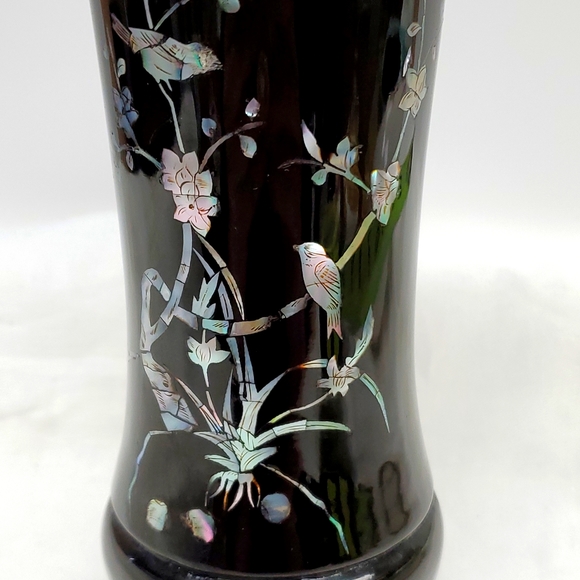 Vintage Lacquered mother of pearl inlaid wood vase - Picture 2 of 7